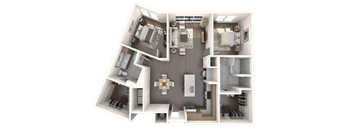 A 3D floor plan of a house showing a living room, kitchen, and two bedrooms.
