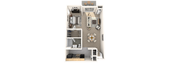 A top down view of a small apartment with a kitchen, living room, and bedroom.