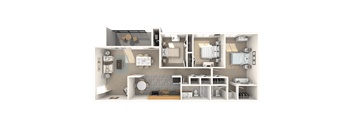 A detailed 3D floor plan of a house showing all rooms and furniture.