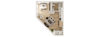 A top-down view of a modern, minimalist apartment with a kitchen, living room, and bedroom.