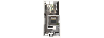 A 3D rendered image of a small apartment layout.
