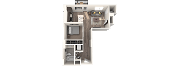 A top-down view of a house layout with a kitchen, living room, and bathrooms.