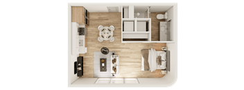 A modern kitchen with a wooden floor and white walls.