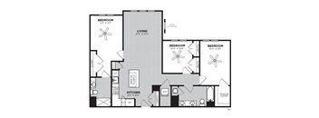 A black and white image of a floor plan for a home with three bedrooms, a living room, a kitchen, and a chef's island.