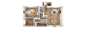 A 3D rendered image of a modern apartment layout.