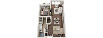 A top-down view of a small apartment with a living room, kitchen, and bathroom.