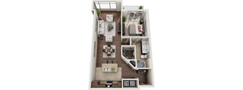 A top-down view of a modern apartment layout with a kitchen, living room, dining area, and bathroom.