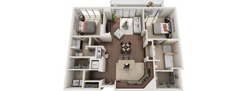 A top-down view of a small apartment layout with a kitchen, living room, and bedrooms.