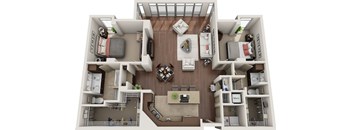 A 3D floor plan of a house with a kitchen, living room, and two bedrooms.