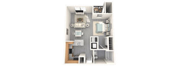 A 3D rendered image of a small apartment layout.