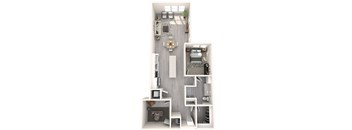 A 3D floor plan of a small apartment with a kitchen, living room, and bathroom.