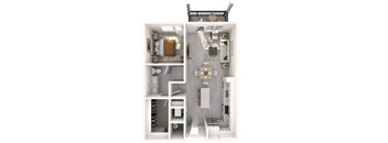 A 3D floor plan of a small apartment with a kitchen, living room, and bathroom.