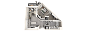 A 3D rendered image of a house layout.