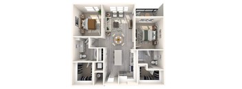 A 3D floor plan of a house showing a kitchen, living room, and bedrooms.