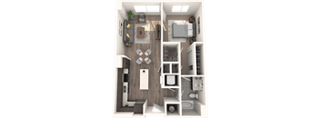 A 3D rendered image of a small apartment layout.