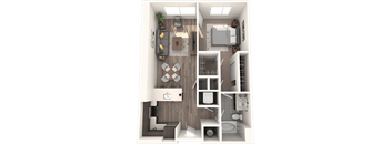 A top-down view of a small apartment with a living room, kitchen, and bathroom.