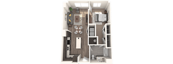 A 3D rendered image of a modern apartment layout.
