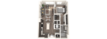 A 3D rendered image of a modern apartment layout.