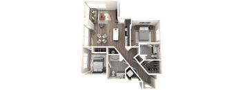 A 3D floor plan of a house showing a kitchen, living room, dining room, and bedrooms.