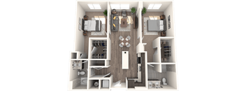 A 3D floor plan of a small apartment with a kitchen, living room, and bathroom.