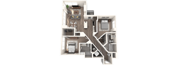 A 3D floor plan of a house with a kitchen, living room, and bedrooms.