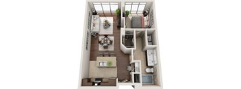 A 3D floor plan of a small apartment with a living room, kitchen, and bedroom.
