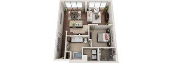 A 3D floor plan of a small apartment with a kitchen, living room, and bathroom.