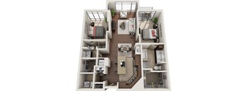 A 3D floor plan of a small apartment with a kitchen, living room, and bedroom.