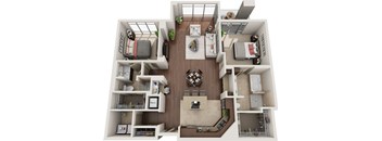 A 3D floor plan of a small apartment with a kitchen, living room, and bedrooms.