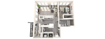 A top-down view of a small, modern apartment with a kitchen, living room, and bathroom.