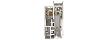 A top-down view of a small apartment with a kitchen, living room, and bathroom.