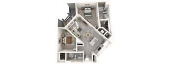 A top-down view of a small apartment with a kitchen, living room, and bathroom.