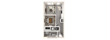 A white interior design of a small apartment with a kitchen, living room, and bathroom.