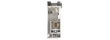 A floor plan of a small apartment with a kitchen, living room, and bathroom.