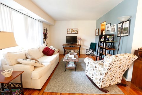 A living room with a white couch and a white chair with a pattern on it.