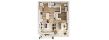 A top-down view of a modern apartment layout with a kitchen, living room, and bedrooms.
