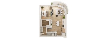 A top-down view of a small, well-organized apartment with a kitchen, living room, and bathroom.