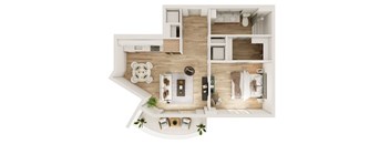 A top-down view of a modern apartment layout with a kitchen, living room, and bedrooms.