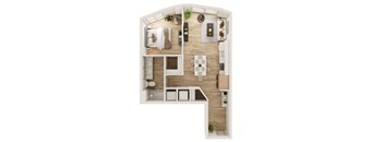 A top-down view of a small apartment with a kitchen, living room, and bathroom.