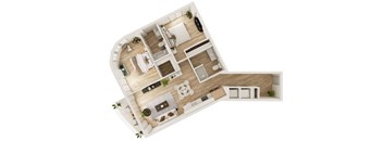 A top-down view of a house layout with a living room, kitchen, dining area, and two bedrooms.