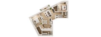 A top-down view of a house interior with a kitchen, living room, and bedrooms.