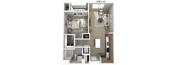 A 14'8" x 12' room with a bed, desk, and kitchenette.