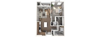 A 11'7" x 13' floor plan of a house with a kitchen, living room, and two bedrooms.