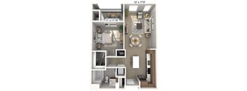 A floor plan of a small apartment with a kitchen, living room, and bathroom.