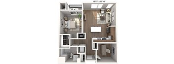 A 12x11 room layout with a kitchen, living room, and bathroom.