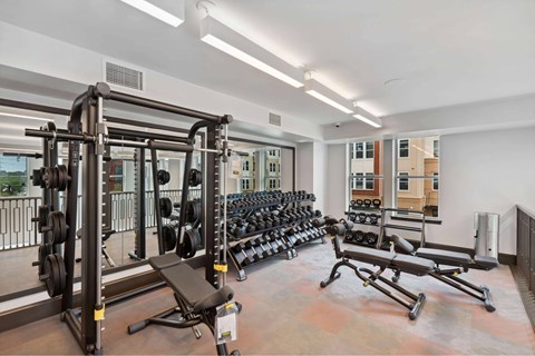 A gym with a variety of equipment including weights and a bench press.