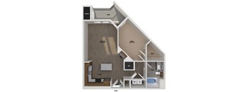 A floor plan of a house with a kitchen, living room, and bathroom.