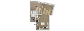 A floor plan of a room with a kitchen, living room, and bathroom.