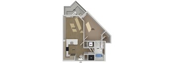 A floor plan of a house with a kitchen, living room, and bathroom.