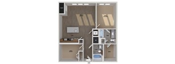 A floor plan of a small apartment with a kitchen, living room, and bathroom.